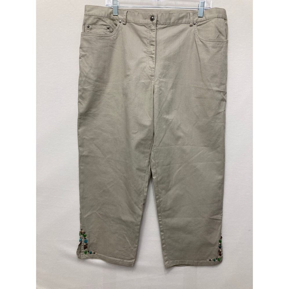 New Ruby Rd. Cropped Pants size 16 Tan Beaded Hem Embellished Stretch Capris